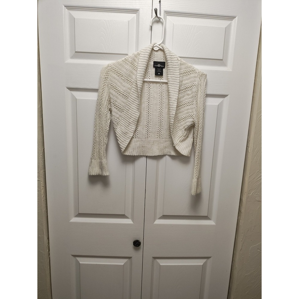 It's Our Time Juniors Open Knit Shrug Cream Cardigan Cropped Length With...